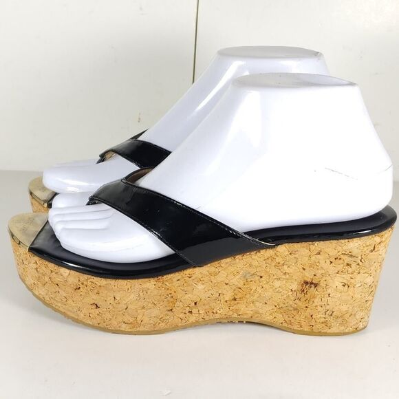 Jimmy Choo Women's Pathos Black 38 US7,5 Patent Leather Cork Thong Wedge Sandals - Picture 2 of 16